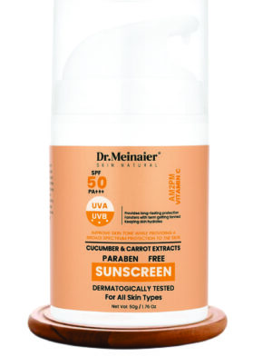 DR MEINAIER SUNSCREEN WITH AM2PM VITAMIN C CUCUMBER & CARROT EXTRACTS PARABEN FREE 50G DERMATOLOGICALLY TESTED